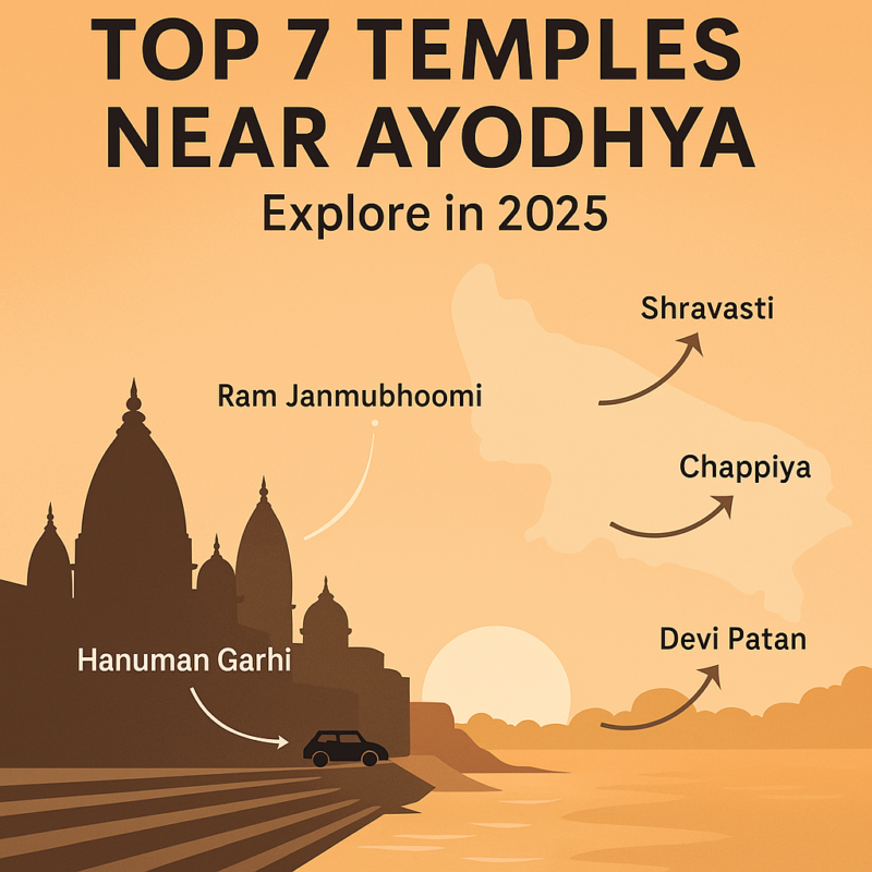 Illustration showing top temples near Ayodhya including Ram Janmabhoomi, Hanuman Garhi, and nearby spiritual destinations for 2025 travel