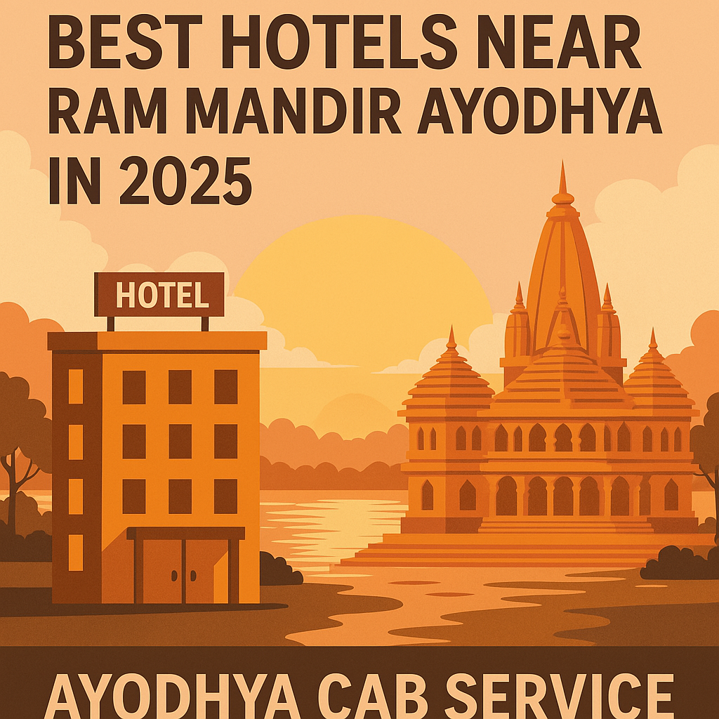 Top Hotels Near Ram Mandir Ayodhya with Ayodhya Cab Service Illustration of best hotels near Ram Mandir Ayodhya with cab routes and temple backdrop for 2025 travel