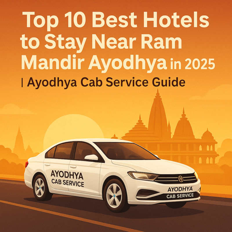 Illustration of best hotels near Ram Mandir Ayodhya with cab routes and temple backdrop for 2025 travel