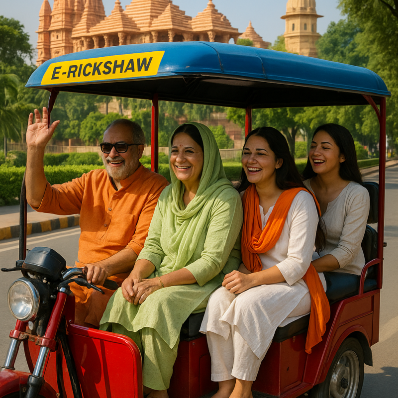 "Happy tourists enjoying an eco-friendly e-rickshaw ride through Ayodhya streets with Ram Mandir in the background"