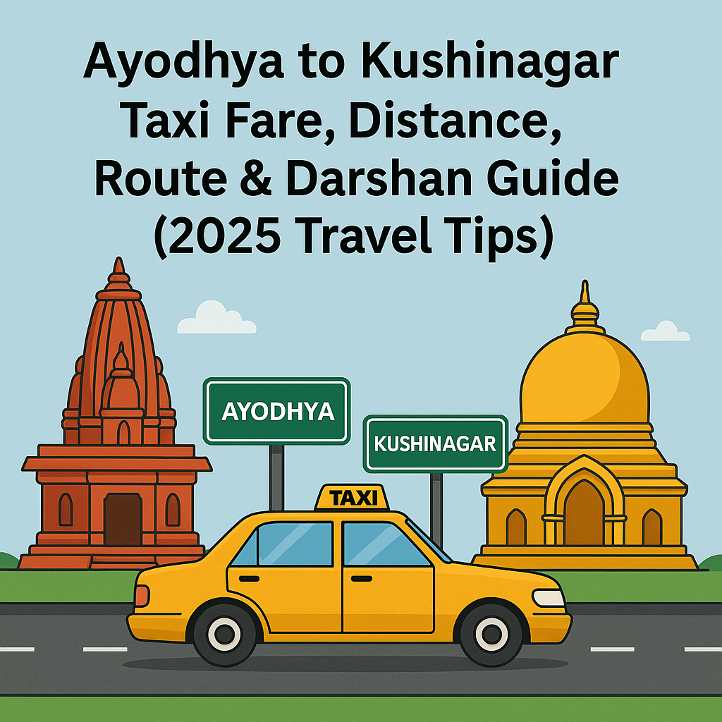 Ayodhya to Kushinagar cab with Ayodhya temple and Kushinagar stupa in background