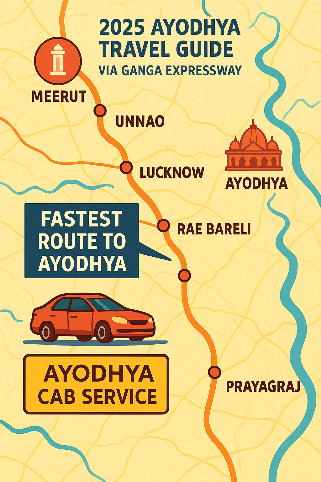 Fastest Route to Ayodhya via Ganga Expressway – 2025 Travel Map Ganga expressway route map showing fastest route to Ayodhya in 2025 with Ayodhya Cab Service