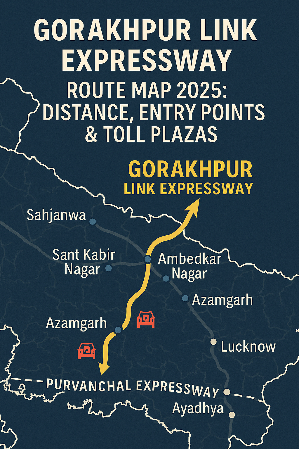 Gorakhpur Link Expressway Route Map 2025 – Ayodhya Cab Service Guide Gorakhpur Link Expressway map showing distance, entry points, toll plazas and Purvanchal connection