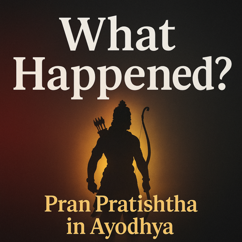 Pran Pratishtha in Ayodhya thumbnail with silhouette of Lord Ram and suspenseful What Happened text