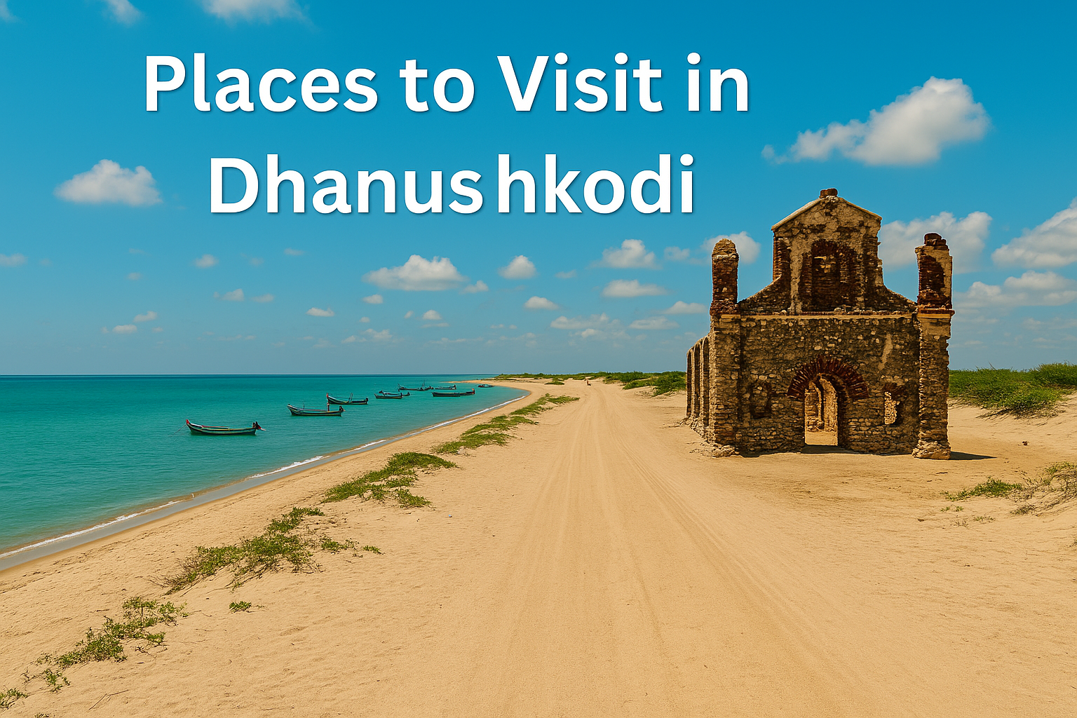 Scenic view of Dhanushkodi beach and ruins with Ayodhya Cab Services car — places to visit Dhanushkodi