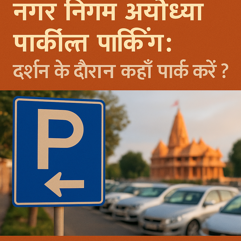 Ayodhya Nagar Nigam parking near Ram Mandir during Deepawali with Ayodhya Cab Services logo