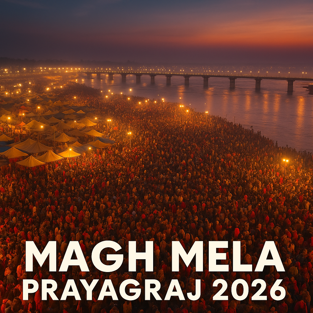 Magh Mela Prayagraj 2026 crowd at Triveni Sangam during evening holy bath with festival lights