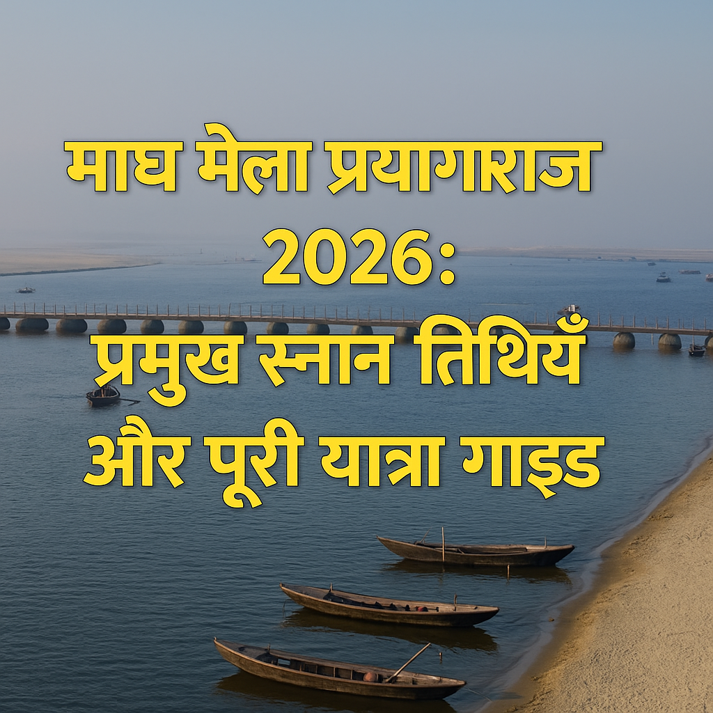 माघ मेला प्रयागराज 2026 संगम दृश्य सूर्योदय के साथ और Ayodhya Cab Services ट्रैवल गाइड