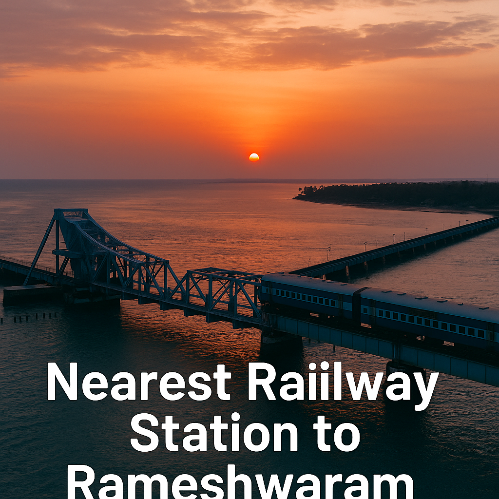 Nearest railway station Rameshwaram travel guide with Pamban Bridge at sunset