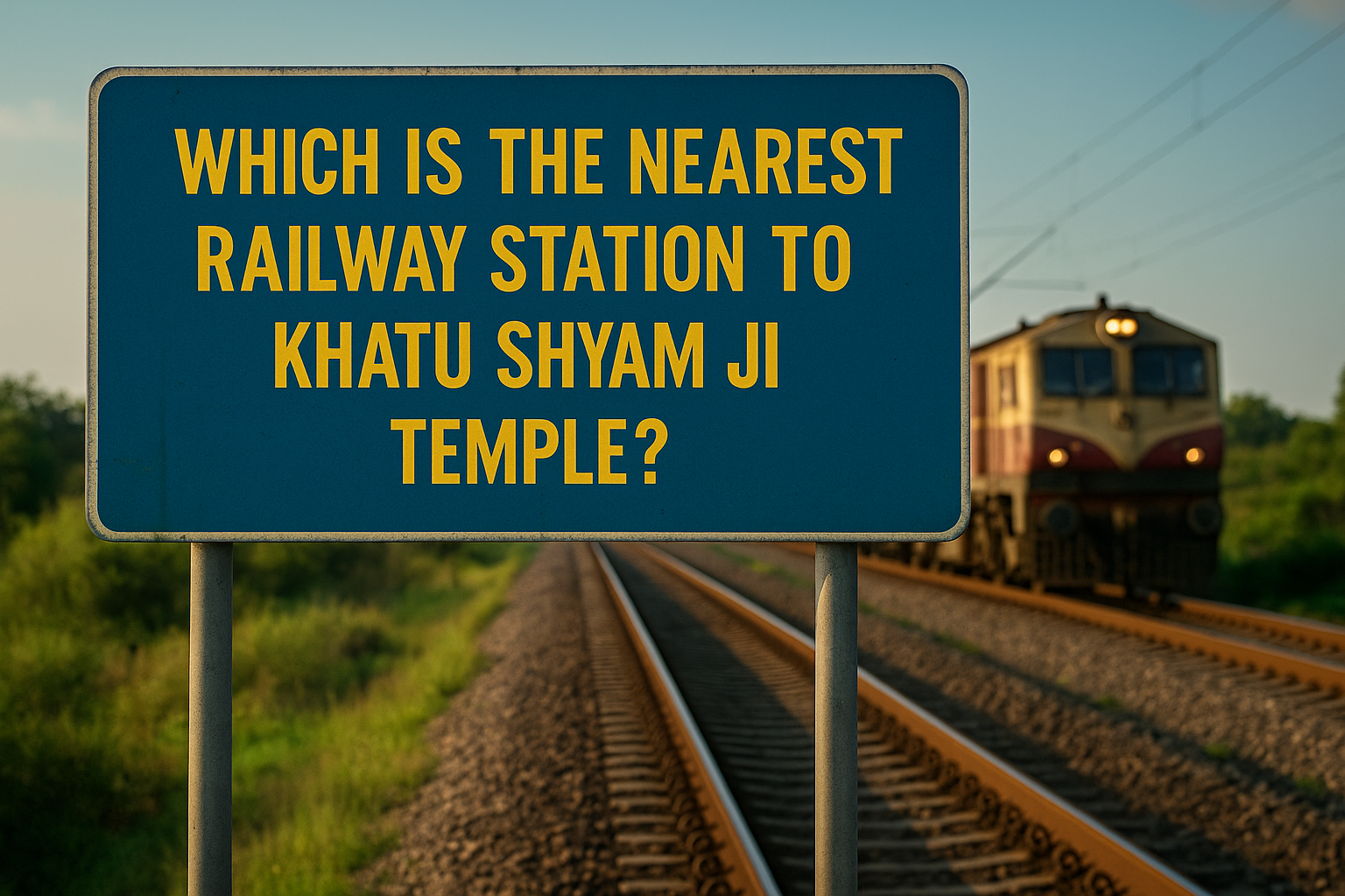 signboard showing Nearest Railway Station KhatuShyam query with train background