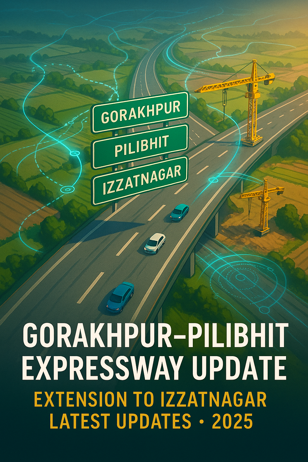 Gorakhpur Pilibhit Expressway Update 2025 Route Map Illustration Gorakhpur Pilibhit Expressway Update aerial route illustration with expressway expansion view