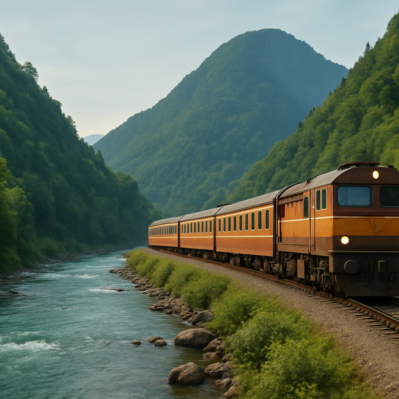 Lumding–Badarpur Hill Section train route passing through hill river valley with scenic railway view