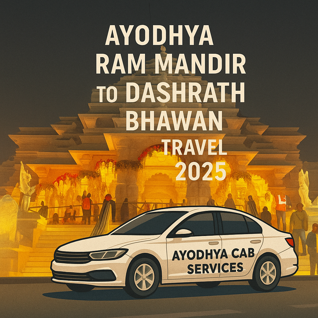 Ayodhya Ram Mandir Dashrath Bhawan Travel Guide 2025 Ayodhya Ram Mandir glowing at night with Ayodhya Cab Services car promoting Dashrath Bhawan travel route