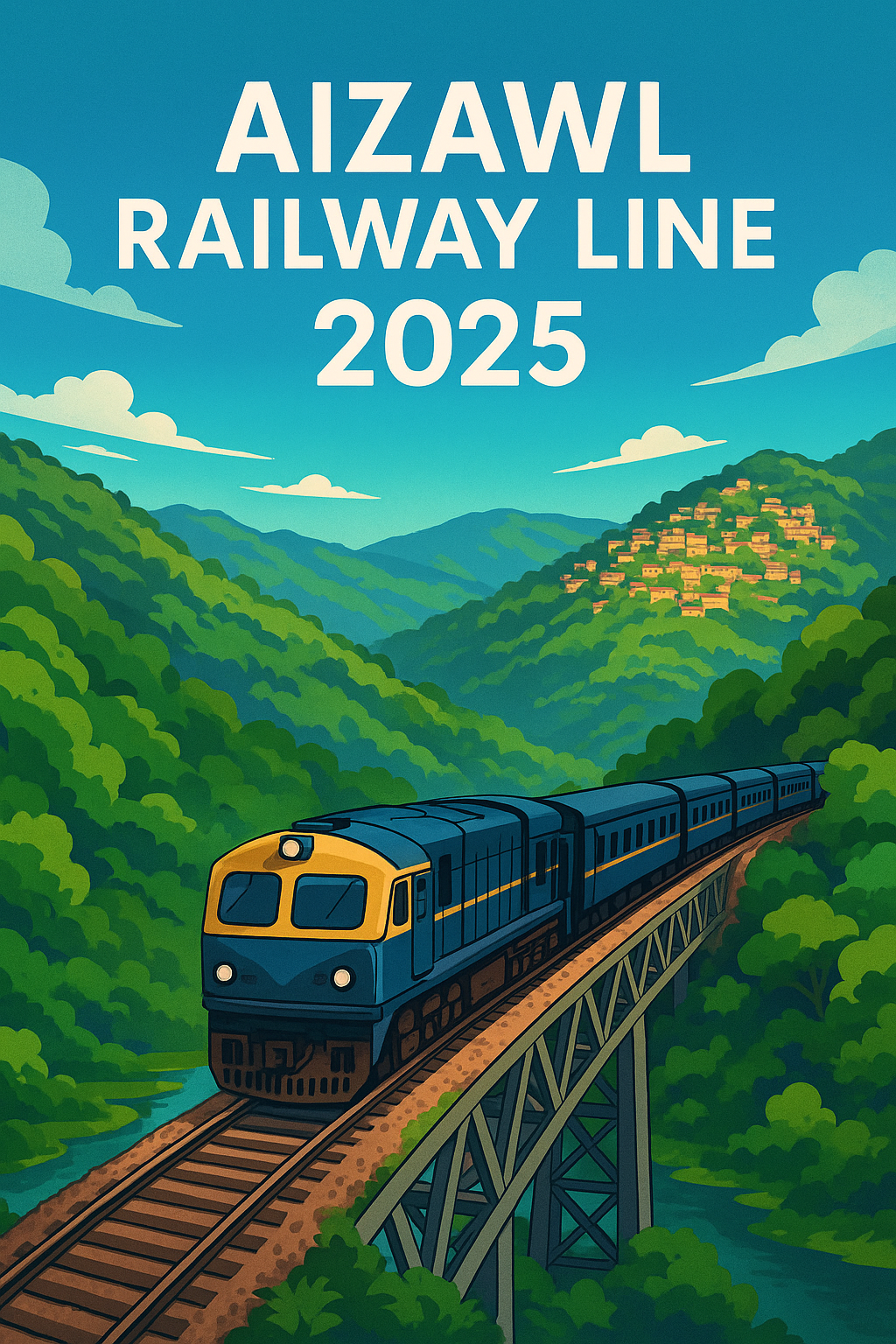 Aizawl Railway Project 2025 scenic train route illustration showing Aizawl hills and new railway line in Mizoram
