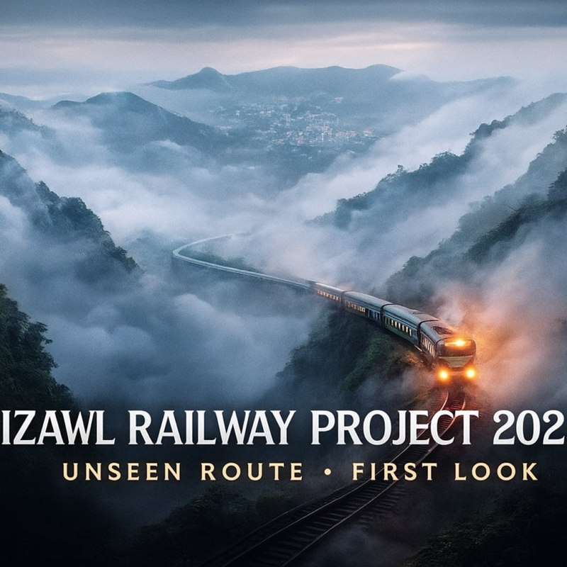 Aizawl Railway Project 2025 thumbnail showing dramatic hill railway view, foggy mountains and suspense visual