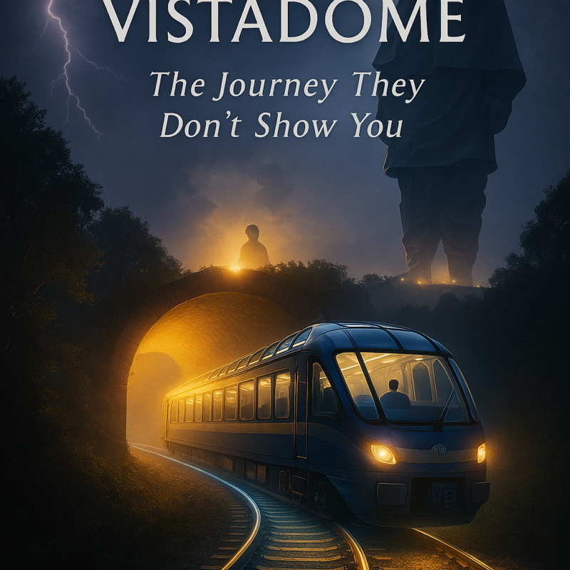 Kevadiya Vistadome Train Experience with Statue of Unity in background on a scenic illuminated railway route