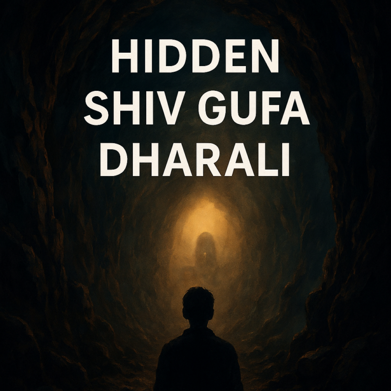 Hidden Shiv Gufa Dharali mysterious cave entrance with silhouette inside the dark tunnel revealing the secret Shiva shrine