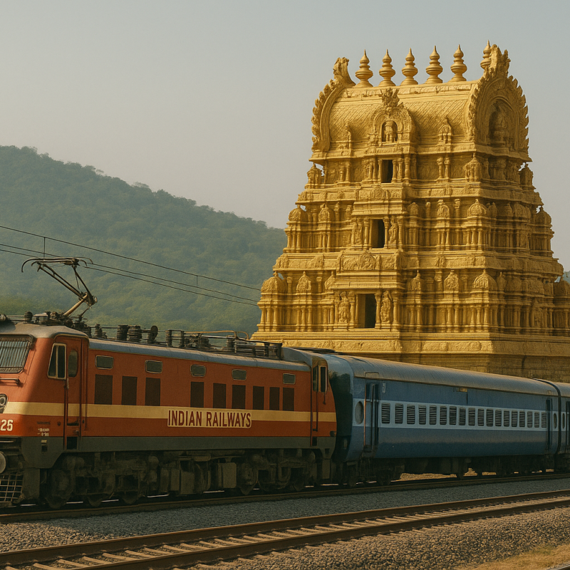 Lucknow to Tirupati train route showing Indian Railways train near Tirupati temple via Renigunta Junction