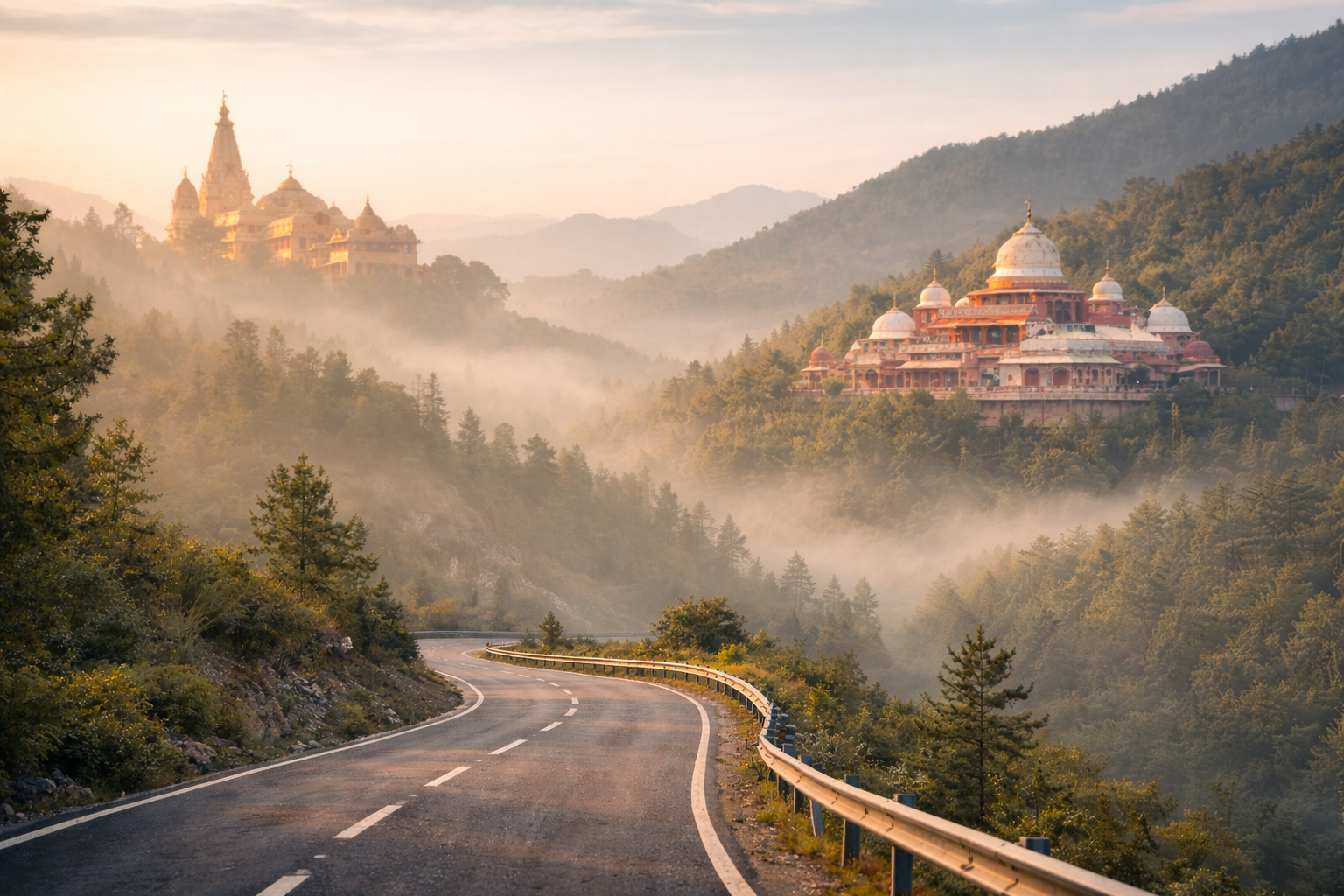 Ayodhya to Neem Karoli Baba via Lucknow scenic mountain road with Ayodhya temple and Neem Karoli Baba temple view