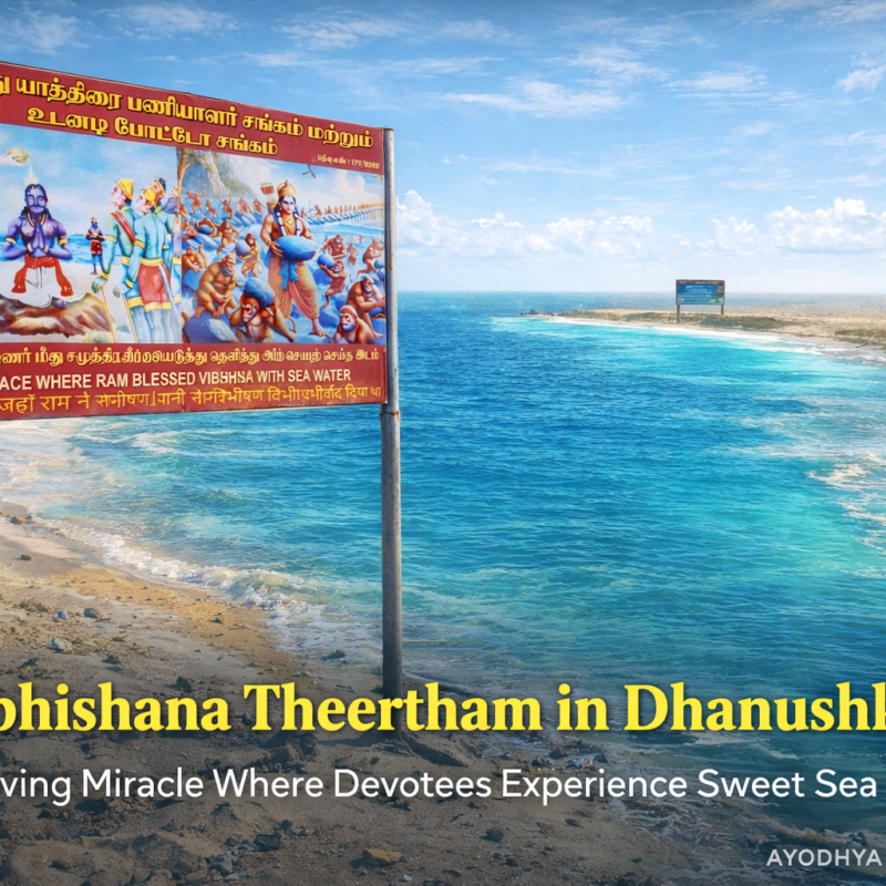 Vibhishana Theertham Rameshwaram TamilNadu signboard at Dhanushkodi seashore