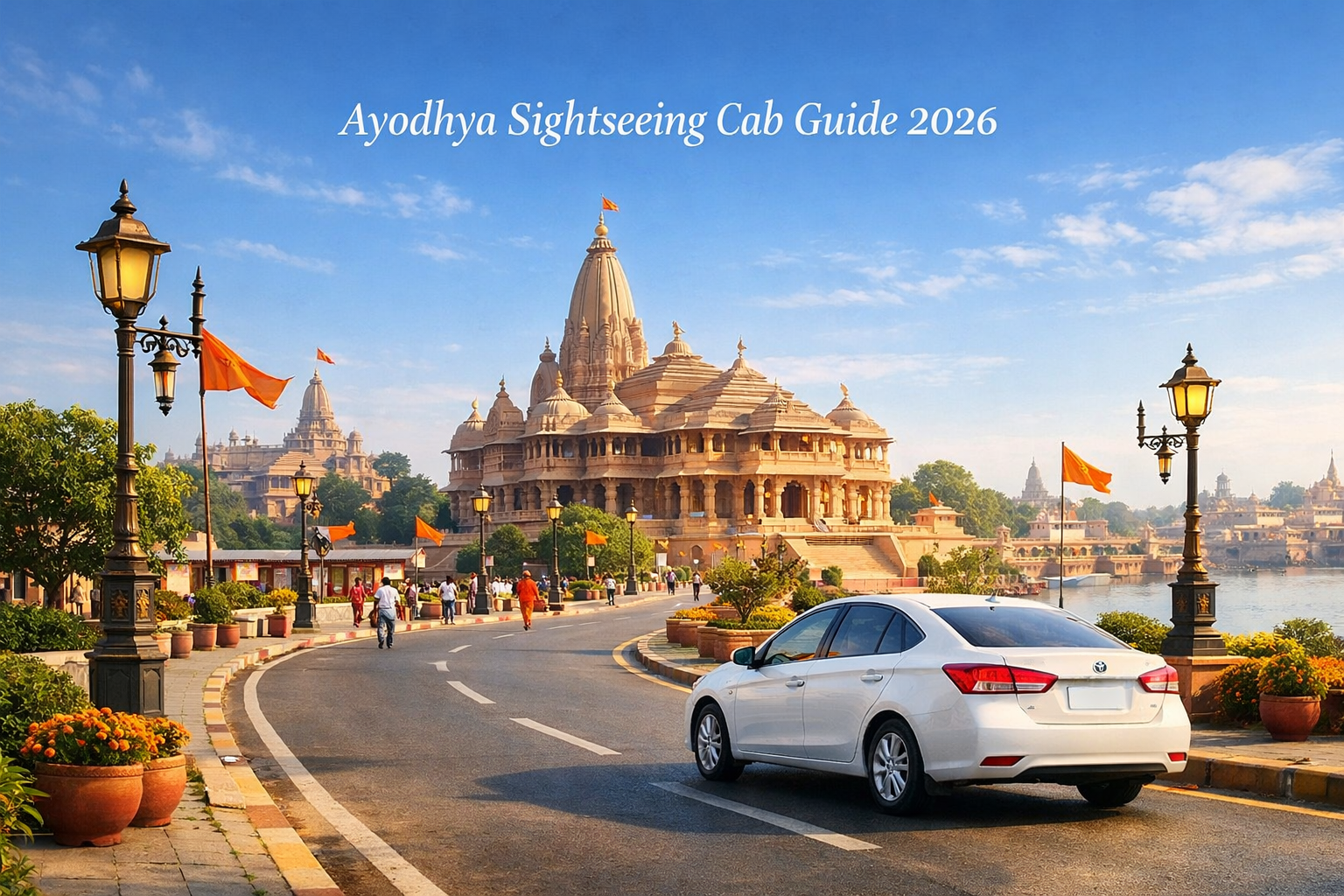 Ayodhya sightseeing cab booking guide showing Ram Mandir and Ram Path road for one day travel