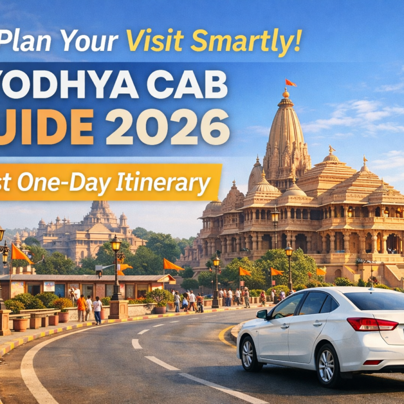 Ayodhya sightseeing cab booking guide showing Ram Mandir and Ram Path for one day travel