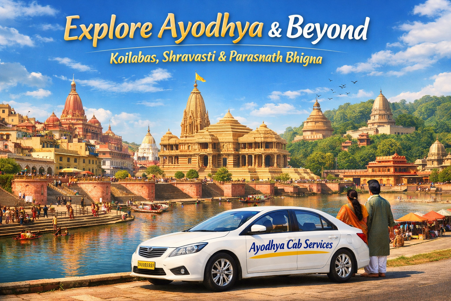 Ayodhya Sightseeing Places List – Ram Mandir Tour by Ayodhya Cab Services Ayodhya sightseeing places list showing Ram Mandir, Saryu Ghat and Ayodhya cab services for temple tours