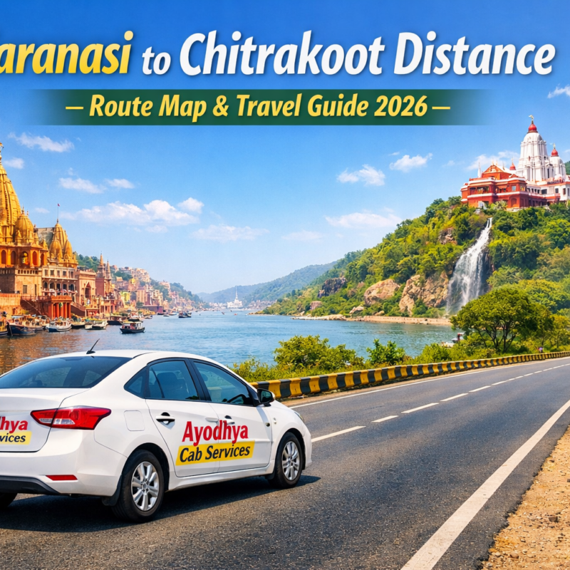 Varanasi to Chitrakoot Distance road journey showing Ayodhya Cab Services cab traveling between Varanasi and Chitrakoot temples