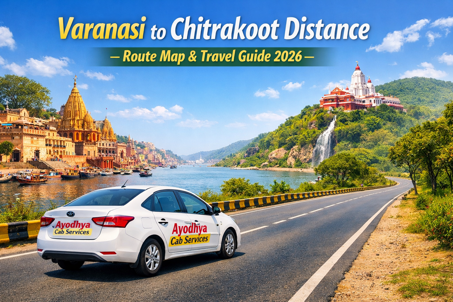 Varanasi to Chitrakoot Distance Travel Route Guide Varanasi to Chitrakoot Distance road journey showing Ayodhya Cab Services cab traveling between Varanasi and Chitrakoot temples