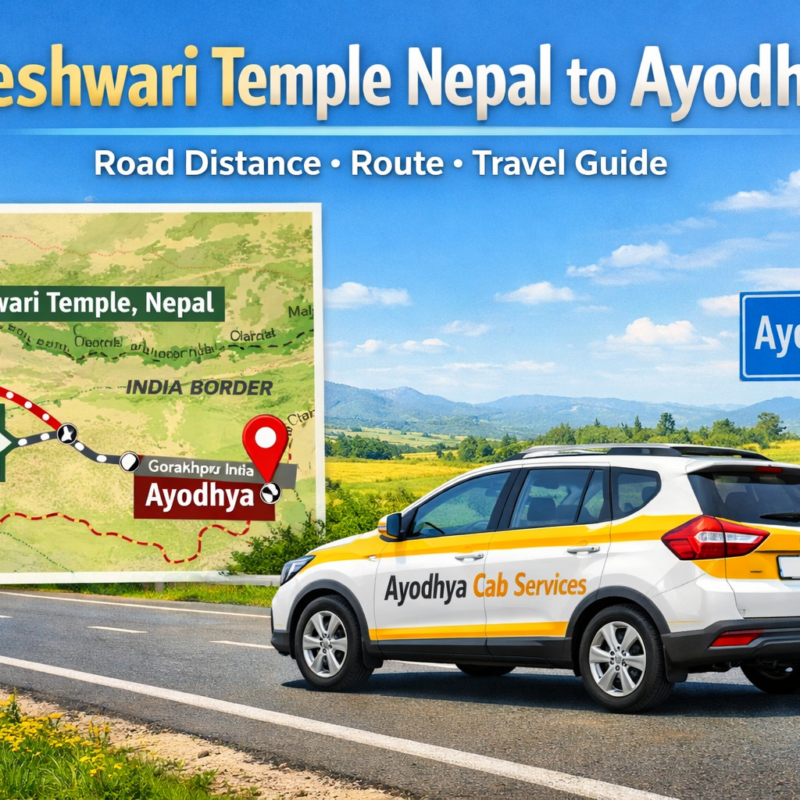 Bageshwari Temple Nepal distance shown on road map route to Ayodhya with cab travel guidance