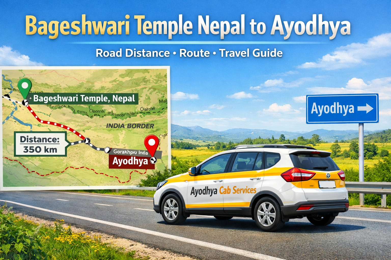 Bageshwari Temple Nepal Distance to Ayodhya Road Travel – Ayodhya Cab Services Bageshwari Temple Nepal distance shown on road map route to Ayodhya with cab travel guidance