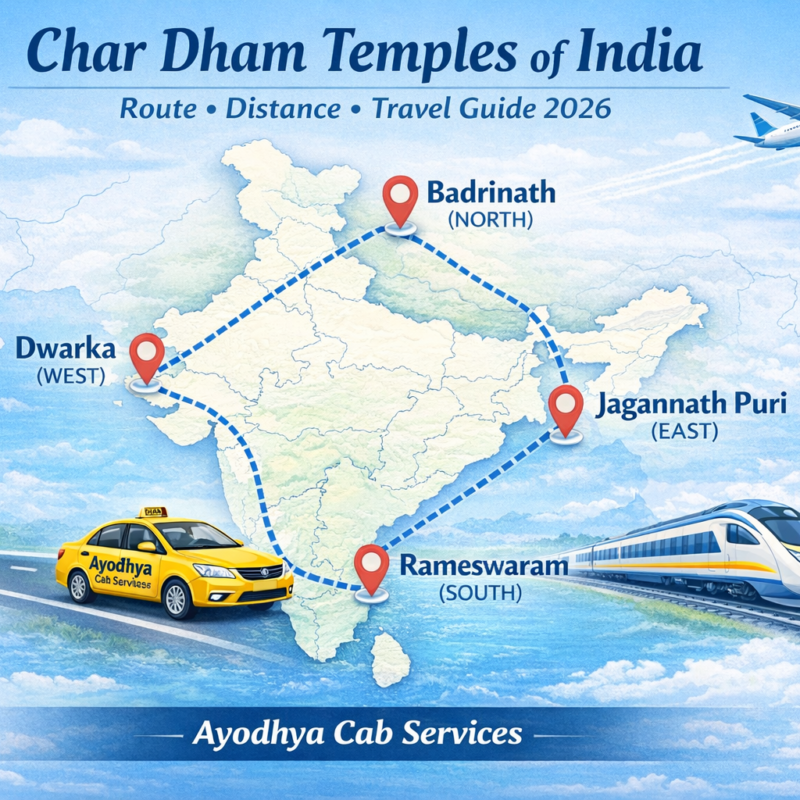 Char Dham Temples India route showing Badrinath Dwarka Puri Rameswaram travel map