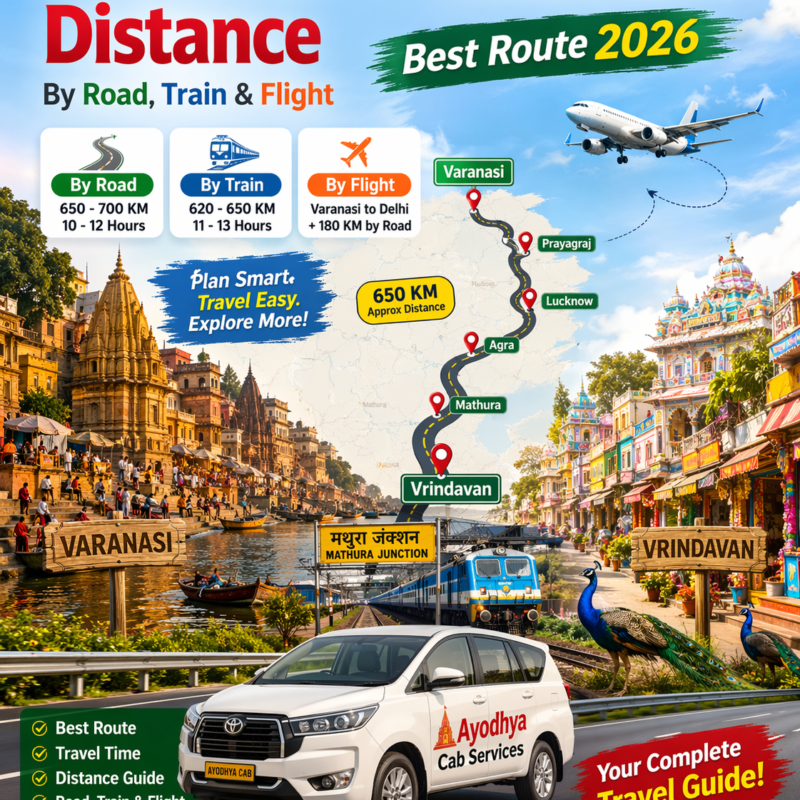 Varanasi to Vrindavan Distance by road, train and flight with route map, Mathura station and Ayodhya Cab Services