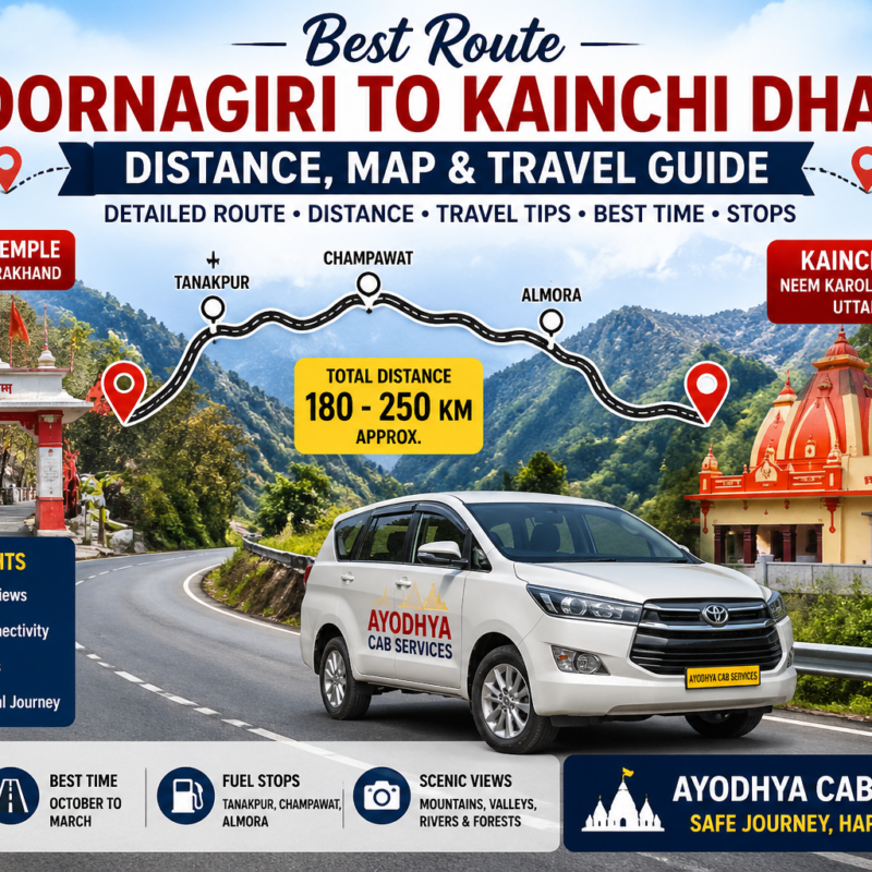 best route Poornagiri to Kainchi Dham distance map travel guide