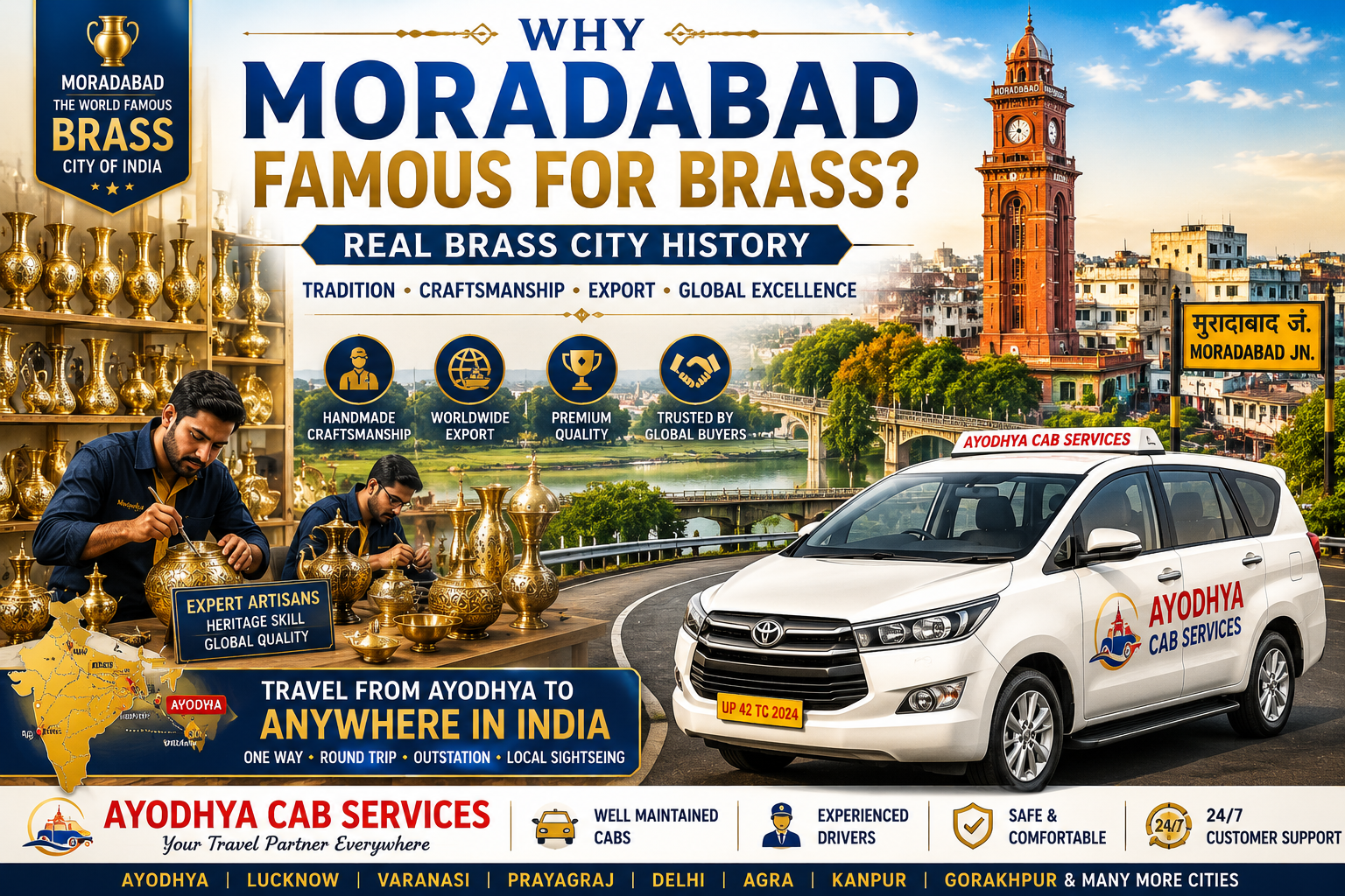 Why Moradabad Famous for Brass brass city history handicraft export office with Ayodhya Cab Services branding