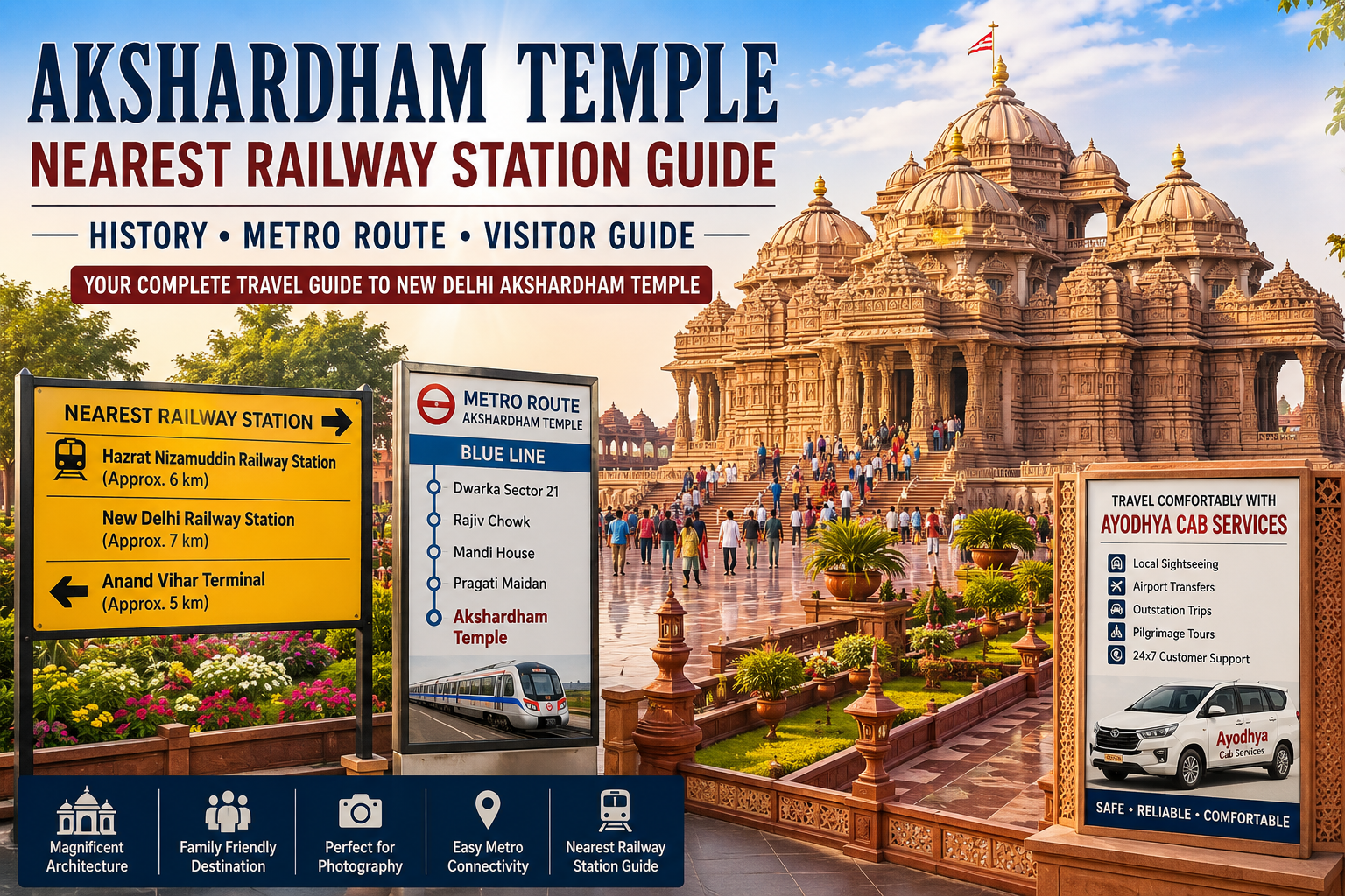 Akshardham Temple Nearest Railway Station Guide | Ayodhya Cab Services Akshardham Temple Nearest Railway Station New Delhi Akshardham Temple Guide metro route visitor guide
