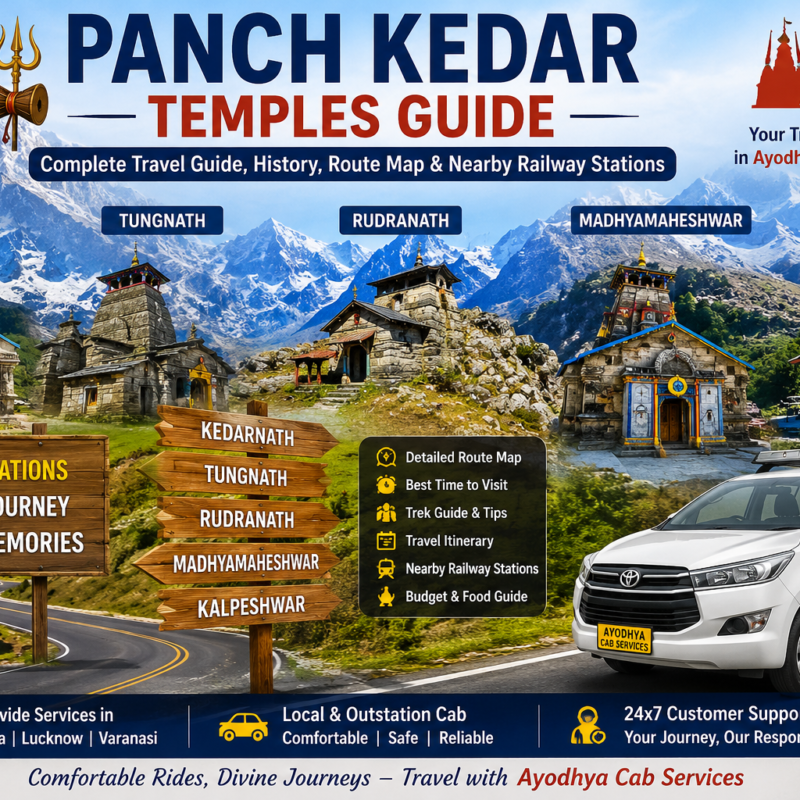 Panch Kedar Temples Guide featuring Kedarnath, Tungnath, Rudranath, Madhyamaheshwar and Kalpeshwar with travel guide, route map and nearby railway stations