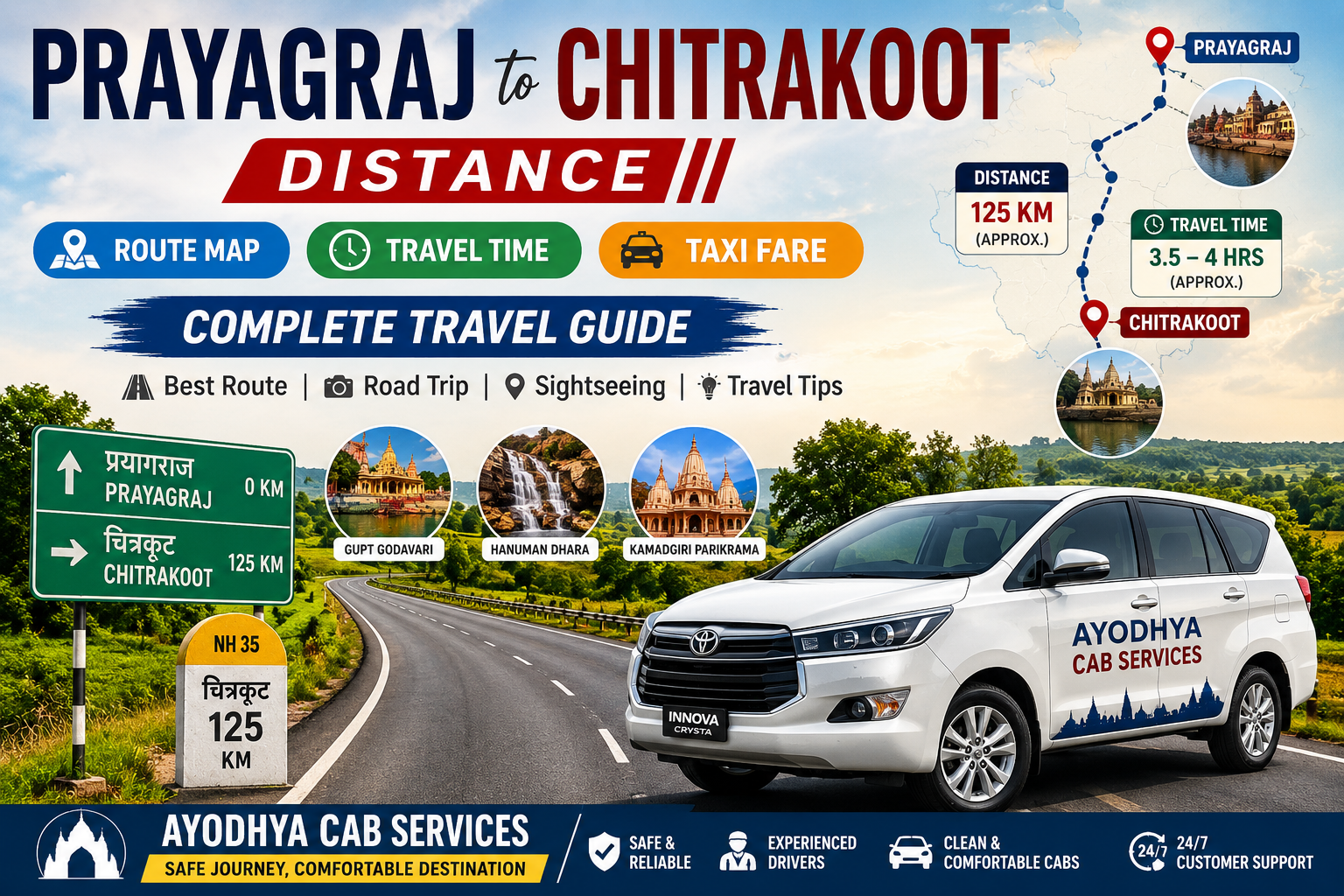 Prayagraj to Chitrakoot Distance – Route Map, Travel Time & Complete Guide | Ayodhya Cab Services Prayagraj to Chitrakoot Distance showing route map, travel time, road journey, taxi fare guide and travel information between Prayagraj and Chitrakoot