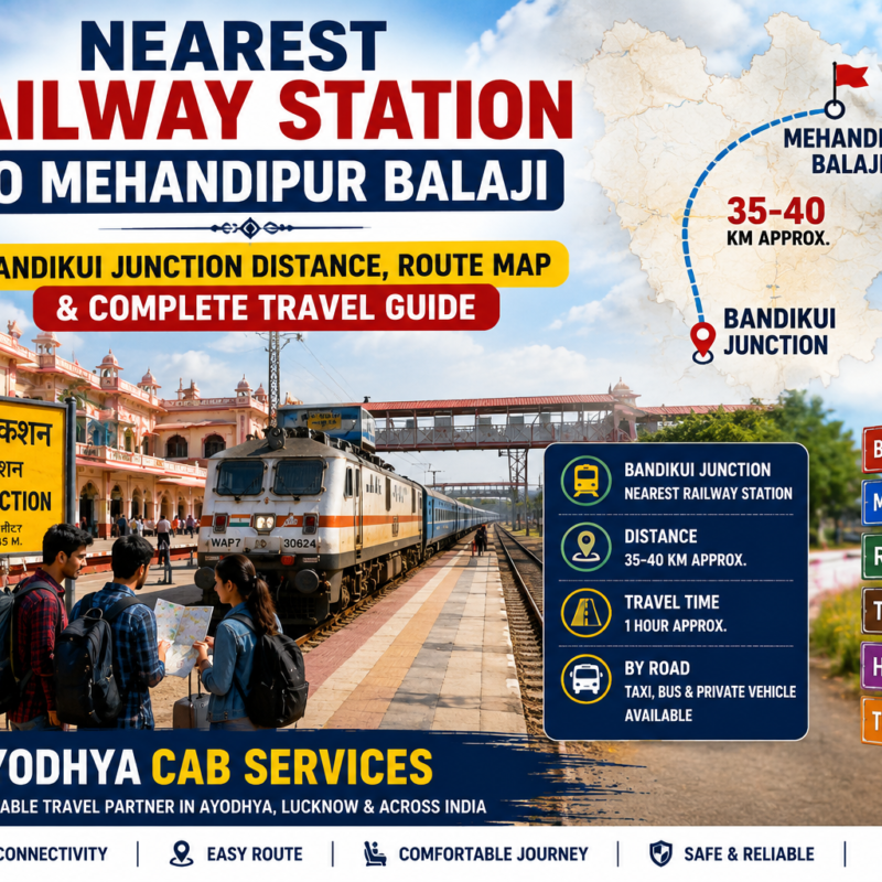 Nearest Railway Station to Mehandipur Balaji showing Bandikui Junction railway station, Rajasthan travel route map, railway connectivity guide, travel distance information and complete visitor journey planning