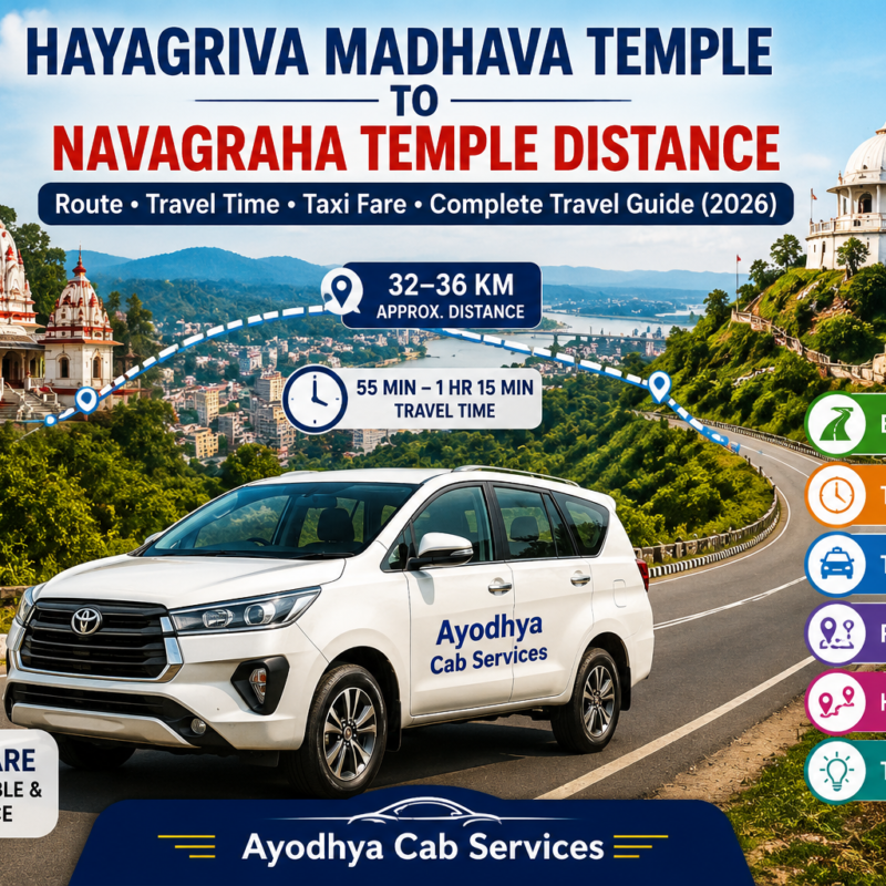 Hayagriva Madhava Temple to Navagraha Temple Distance showing route, travel time, taxi fare, road map and Ayodhya Cab Services travel guide
