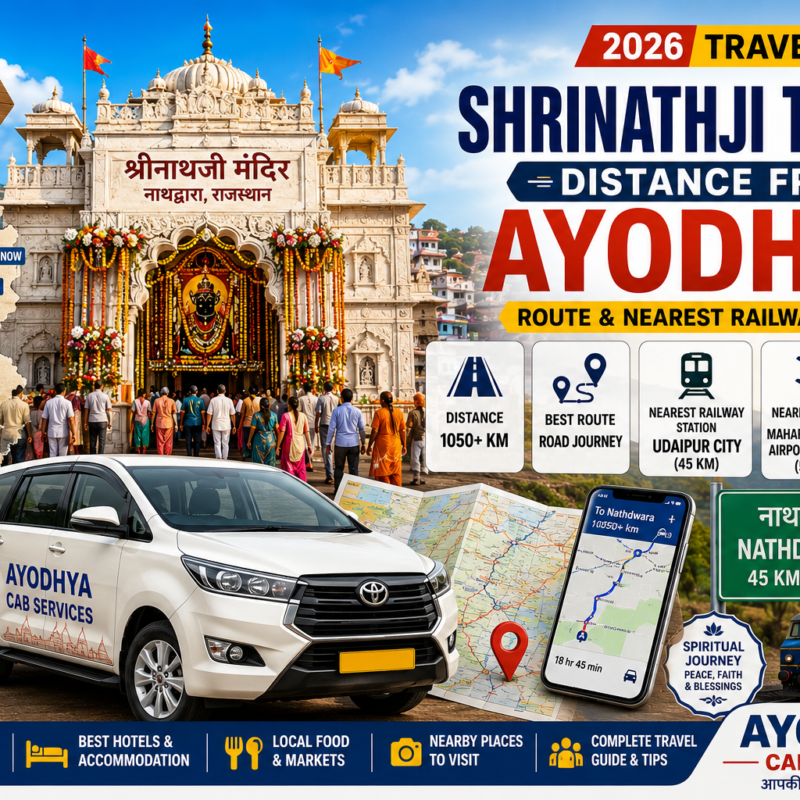 Shrinathji Temple Distance from Ayodhya route guide showing Nathdwara temple, travel map, nearest railway station and Ayodhya Cab Services