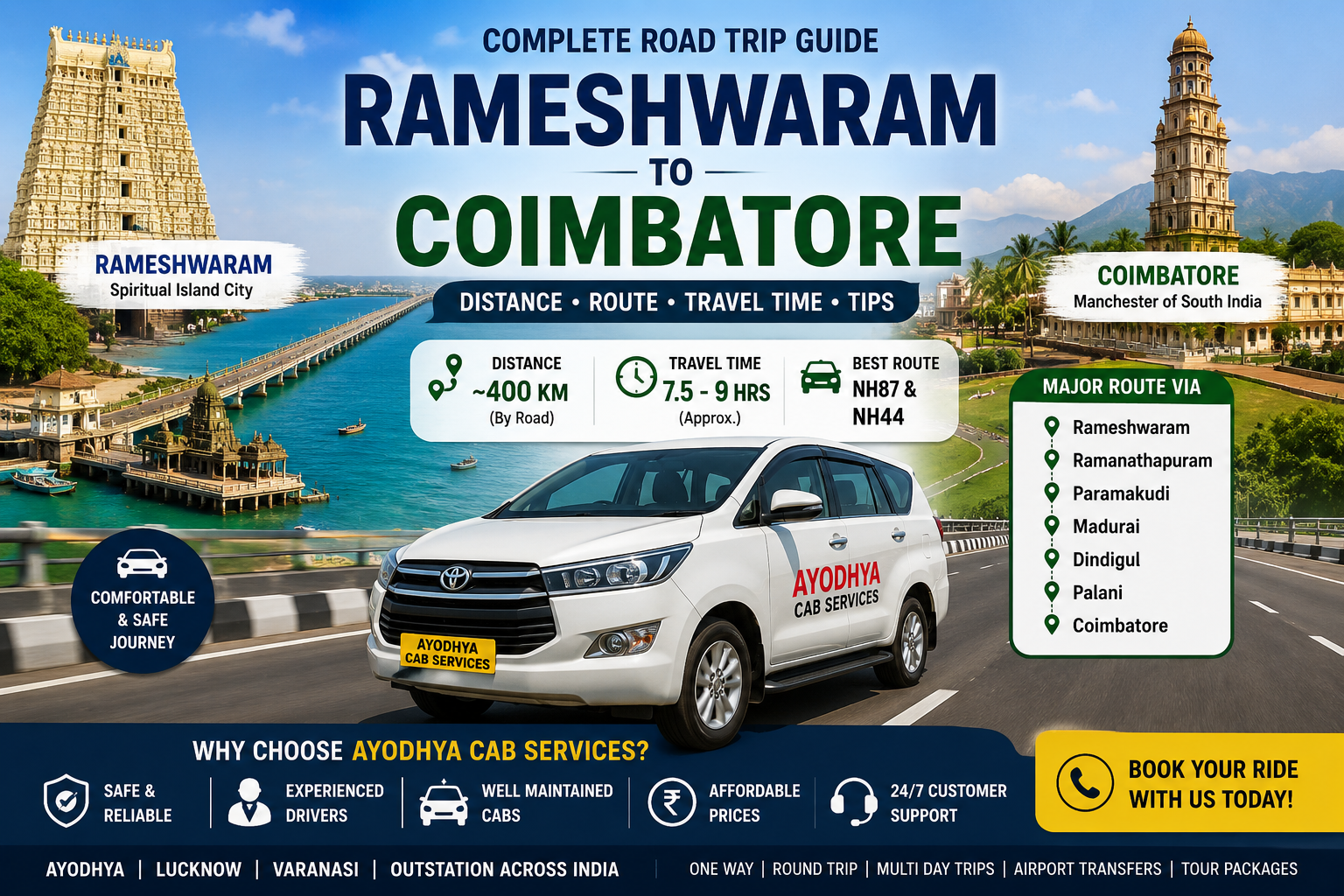 Rameshwaram to Coimbatore Distance – Best Route, Travel Time & Complete Road Trip Guide | Ayodhya Cab Services Rameshwaram to Coimbatore Distance, Best Route, Travel Time, Complete Road Trip Guide, Highway Journey by Ayodhya Cab Services