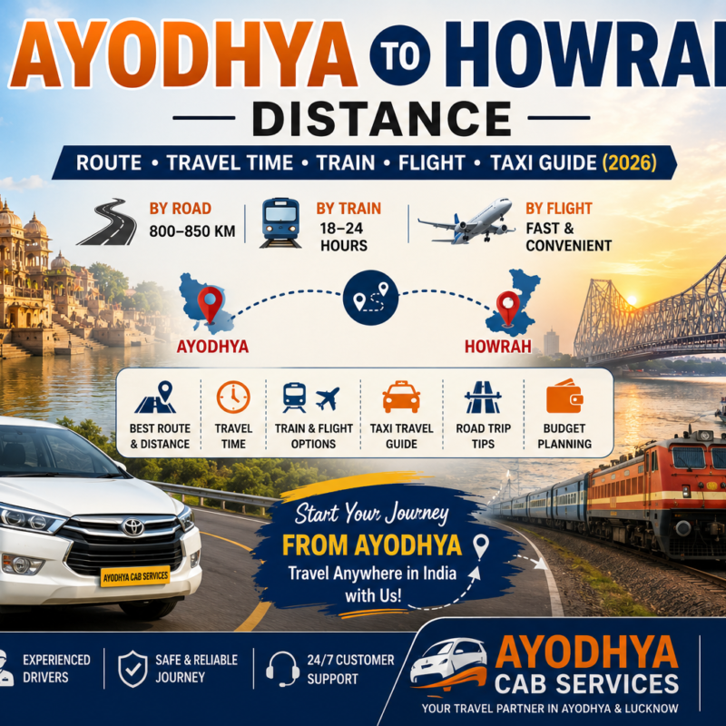 Ayodhya to Howrah Distance travel guide showing route, travel time, train, flight and taxi options with Ayodhya Cab Services