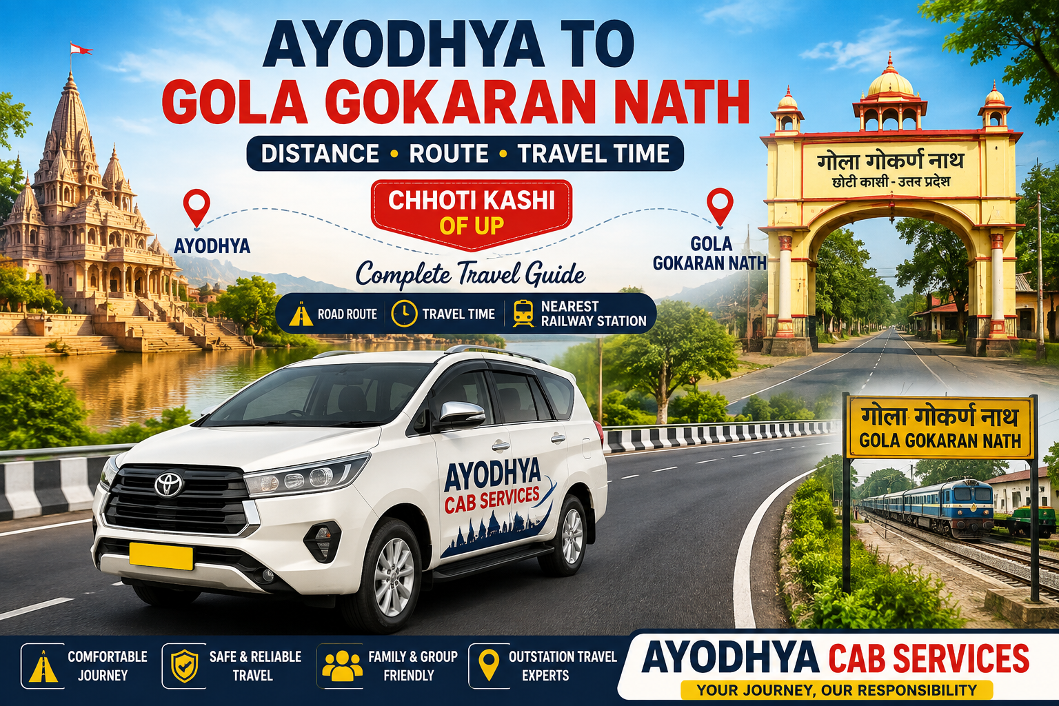 Ayodhya to Gola Gokaran Nath Distance, Route & Travel Guide | Ayodhya Cab Services Ayodhya to Gola Gokaran Nath Distance by road with route, travel time, Chhoti Kashi and nearest railway station travel guide
