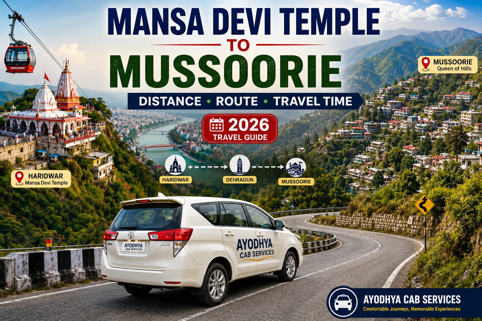 Mansa Devi Temple to Mussoorie Distance & Travel Guide | Ayodhya Cab Services Mansa Devi Temple to Mussoorie Distance with Haridwar to Mussoorie route, travel time and road travel guide