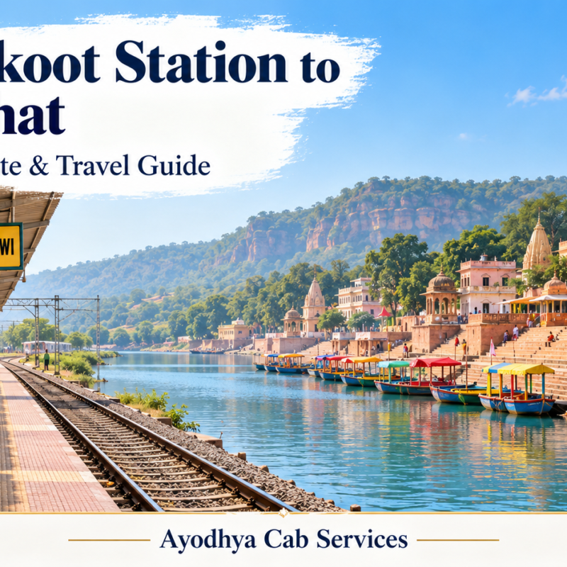Chitrakoot railway station and Ramghat beside the Mandakini River in a travel illustration
