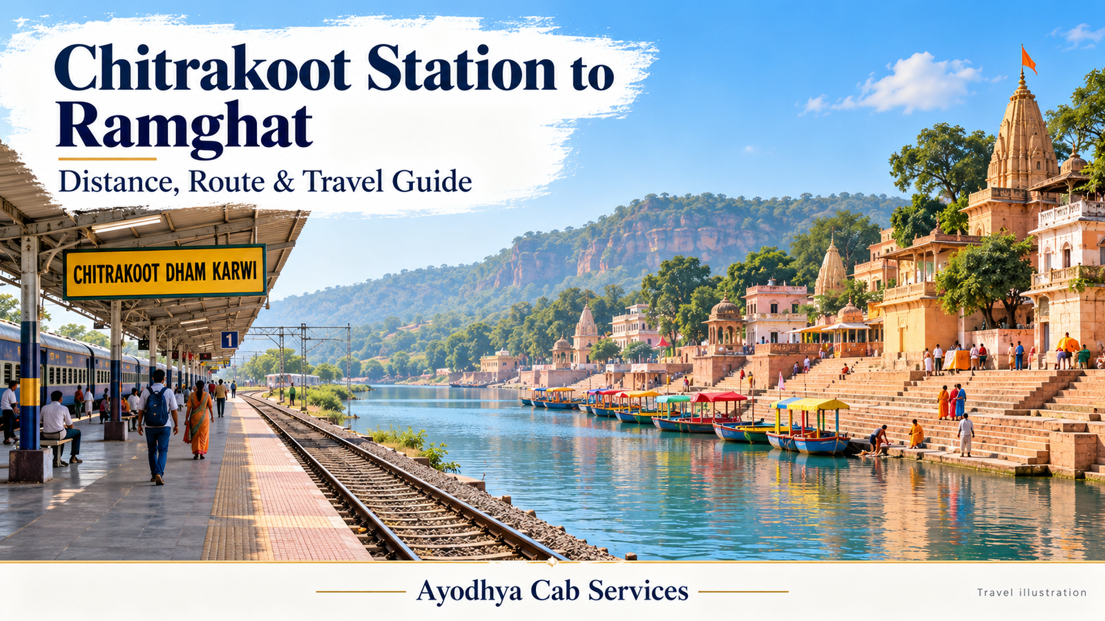 Chitrakoot Railway Station to Ramghat Distance Travel Guide — Ayodhya Cab Services Chitrakoot railway station and Ramghat beside the Mandakini River in a travel illustration