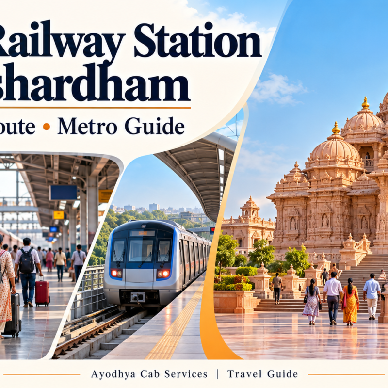 Delhi railway station to Akshardham temple distance guide illustration showing a railway arrival, Metro train and temple scene