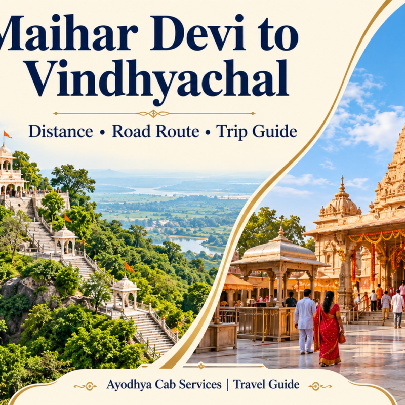 Maihar Devi to Vindhyachal Temple distance guide illustration showing separate hill-temple and pilgrimage scenes