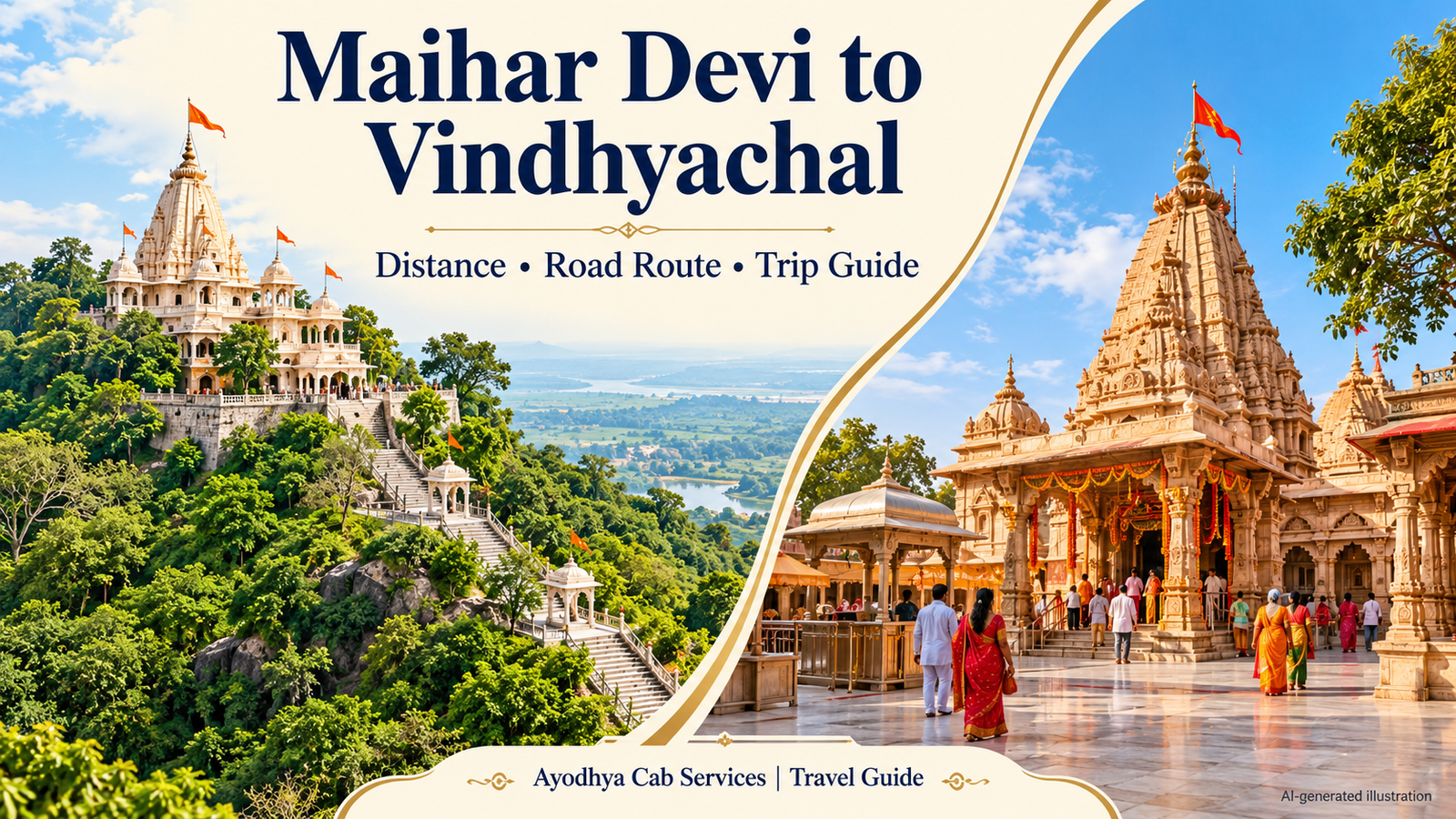 Maihar Devi to Vindhyachal Temple Distance Guide | Ayodhya Cab Services Maihar Devi to Vindhyachal Temple distance guide illustration showing separate hill-temple and pilgrimage scenes